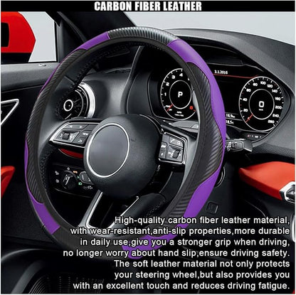 Car Steering Wheel Cover, 15 Inch Carbon Fiber Leather Elastic Steering Wheel Protector, Anti-Slip, Breathable & Soft Car Interior Accessories Universal for Most Cars, Men & Women (Purple)