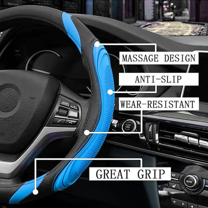 Osilly 15 Inch Car Leather Steering Wheel Cover, Automotive Accessories Elastic Breathable Anti-Slip Soft Wheel Protector Fits Men and Women, Suitable for SUVs, Trucks, Vehicles and RVs (Blue)