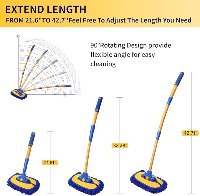 5PCS Car Wash Brush with Long Handle, 15°Curved Car Cleaning Brush with Replaceable Head Cover, Truck Washing Brushwith Telescopic Handle Wash Mop Kit (Blue)