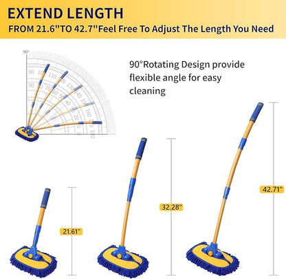 5PCS Car Wash Brush with Long Handle, 15°Curved Car Cleaning Brush with Replaceable Head Cover, Truck Washing Brushwith Telescopic Handle Wash Mop Kit (Blue)
