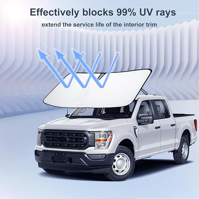 Windshield Sun Shade for 2021-2026 Ford F150, Foldable Front Window Sunshade, 310T Reflective UV Blocker, Keep Vehicle Cool