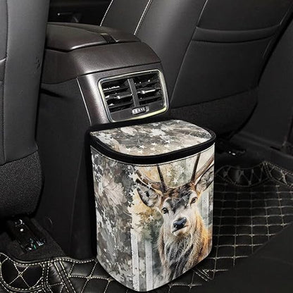 Talayituse Hunting Camo Elk American Flag Print Car Trash Can with Lid, Leak Proof Auto Trash Bag Hanging Vehicle Garbage Can Multipurpose Storage Container for Back Seat Road Trip