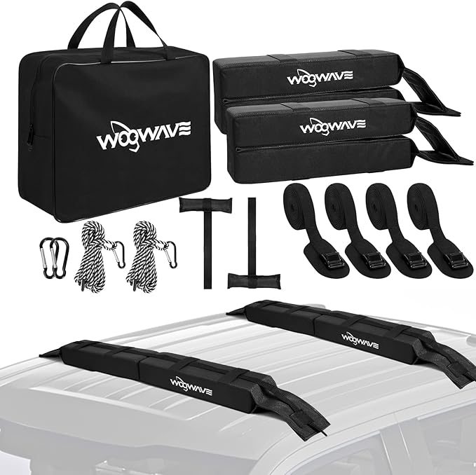 WOOWAVE Folding Kayak Soft Roof Rack Pads Universal Kayak Carrier Car Rack with 4 Tie Down Straps, 2 Tie Down Rope, 4 Carabiner, 2 Quick Loop Strap and Storage Bag for Canoe/Surfboard/Paddleboard/SUP