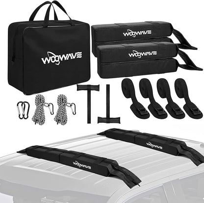 WOOWAVE Folding Kayak Soft Roof Rack Pads Universal Kayak Carrier Car Rack with 4 Tie Down Straps, 2 Tie Down Rope, 4 Carabiner, 2 Quick Loop Strap and Storage Bag for Canoe/Surfboard/Paddleboard/SUP