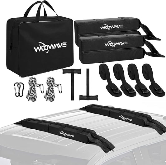 WOOWAVE Folding Kayak Soft Roof Rack Pads Universal Kayak Carrier Car Rack with 4 Tie Down Straps, 2 Tie Down Rope, 4 Carabiner, 2 Quick Loop Strap and Storage Bag for Canoe/Surfboard/Paddleboard/SUP