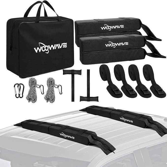 WOOWAVE Folding Kayak Soft Roof Rack Pads Universal Kayak Carrier Car Rack with 4 Tie Down Straps, 2 Tie Down Rope, 4 Carabiner, 2 Quick Loop Strap and Storage Bag for Canoe/Surfboard/Paddleboard/SUP