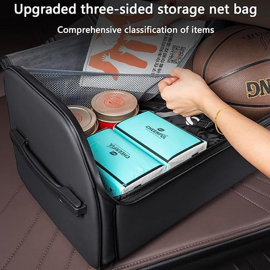 TOPABYTE Car Trunk Organizer with Lid and Sturdy Handle Foldable Durable Premium Leather Storage Box Cargo for BMW SUV Sedan Truck, Black, Small