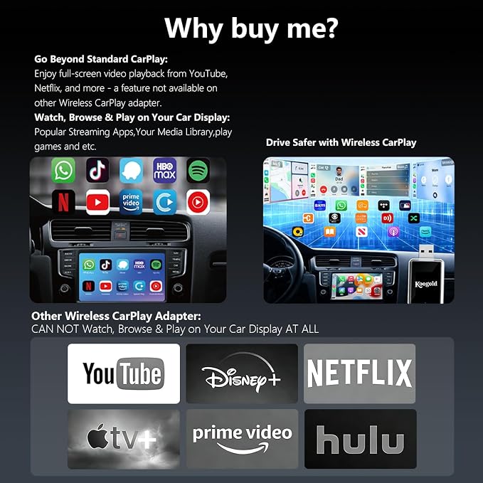 Wireless CarPlay Adapter with Wired DP Video Streaming for Net-Flix YouTube TikTok, Screen Mirroring for iOS & Android, Voice Control Navigation Music Calls, Compatible with Wired CarPlay Gray