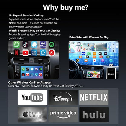 Wireless CarPlay Adapter with Wired DP Video Streaming for Net-Flix YouTube TikTok, Screen Mirroring for iOS & Android, Voice Control Navigation Music Calls, Compatible with Wired CarPlay Gray