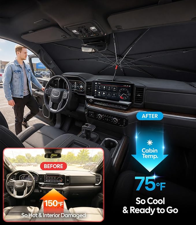 Wigoo Windshield Sun Shade Umbrella for GMC Sierra 1500/2500/3500 2019-2026 [100% Sun Blockage, Ice Cooling Fabric] Foldable Front Window Sunshade for GMC Sierra 1500/2500/3500 2019-2026