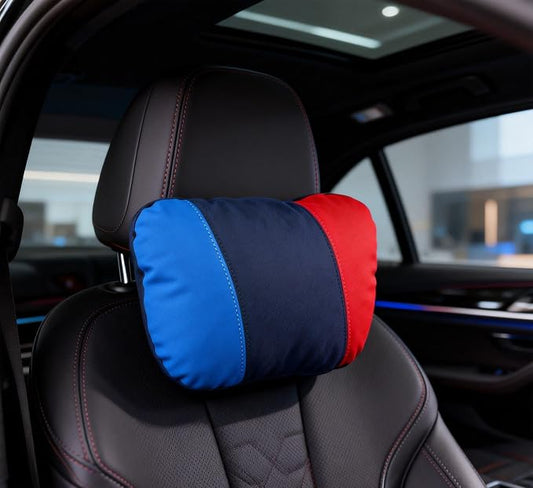 Car Headrest Pillow for BMW, mTricolor Stripe Design with Microfiber Suede Cover, Neck Cushion with High-Resilience Foam for Driving Comfort