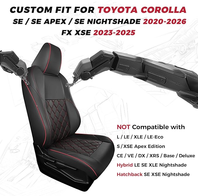 FREESOO for Toyota Corolla Seat Covers 2020-2026 SE/SE Apex Nightshade & 2023-2025 XSE & 2025 FX, Custom Car Seat Covers, Leather Car Seat Cover, Waterproof Seat Covers for Cars, Black Red Full Set