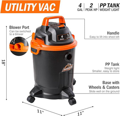 Armor All VO405P 0901 4 Gallon Wet/Dry Vac 2.0 Peak HP Shop Vacuum with Nozzles & Brush,Black/Orange