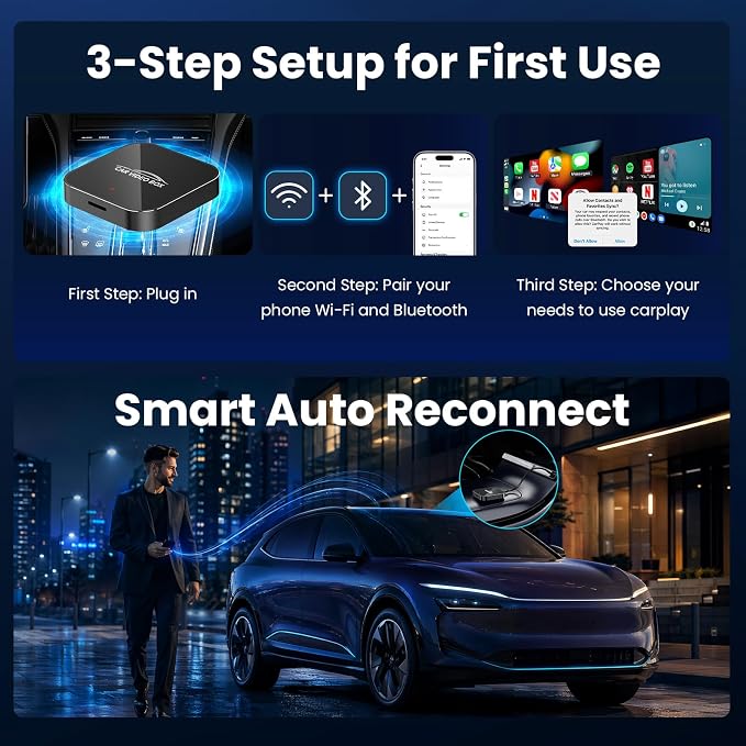 3-in-1 Magic Video Box—Wireless CarPlay & Android Auto Adapter Support YouTube,TikTok,TF Card,Wired-to-Wireless Conversion, No Latency Car Play AI Box for Cars from 2016 & IOS10+/Android 11+
