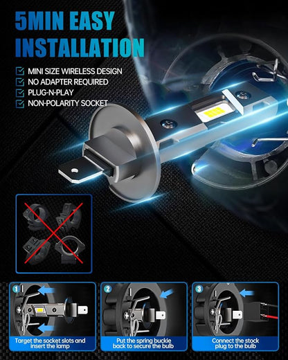 FRANXI H1 Bulbs, Super Bright Fog Light Bulbs, 1:1 Mini Design, Pack of 2 | 6000k Cool White, Plug and Play, 16000LM, Accessory Light Kits