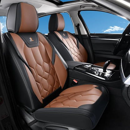 Huidasource Front Seat Covers, Universal Fit for Most Cars SUV Trucks, Full Coverage Leather Seat Cover, Airbag Compatble, Seat Function Retain, Storage Pocket Design, Easy to Install, Black & Brown