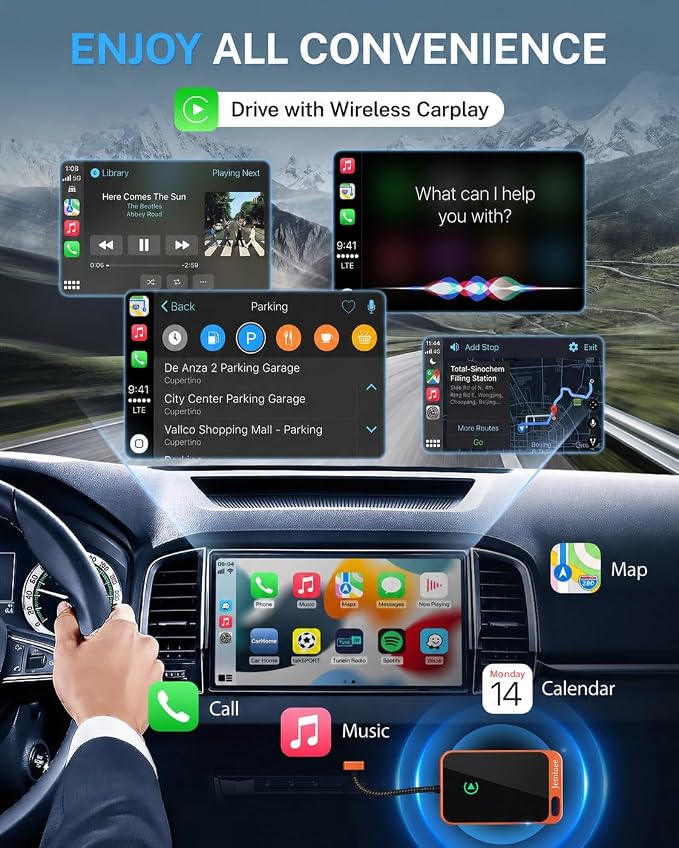 Jemluse Wireless CarPlay Adapter for Apple iPhone - Multi-User Seamless Connection for Convert Wired to Wireless Car Play Adapter - No Latency from iOS 10+ to Screen w/USB C (Cosmic Orange)