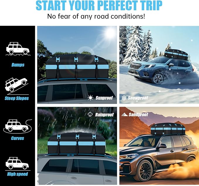 Car Rooftop Cargo Carrier Bag, 30 Cubic Feet Waterproof Soft-Shell Car Roof Bag for All Vehicle with/Without Rack, Include Anti-Slip Mat, Reinforced Straps, Door Hooks Luggage Lock (Blue)
