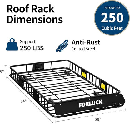 Forluck 64 x 39 x 6 Inch Universal 250 LBS Heavy Duty Roof Rack Cargo Carrier with Net & Ratchet Straps, Extension Rooftop Cargo Carrier, Car Top Luggage Holder for SUV, Truck or RV Steel Construction