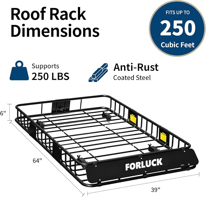 Forluck 64 x 39 x 6 Inch Universal 250 LBS Heavy Duty Roof Rack Cargo Carrier with Waterproof Bag, Net & Ratchet Straps, Extension Rooftop Cargo Carrier, Car Top Luggage Holder for SUV, Truck or RV