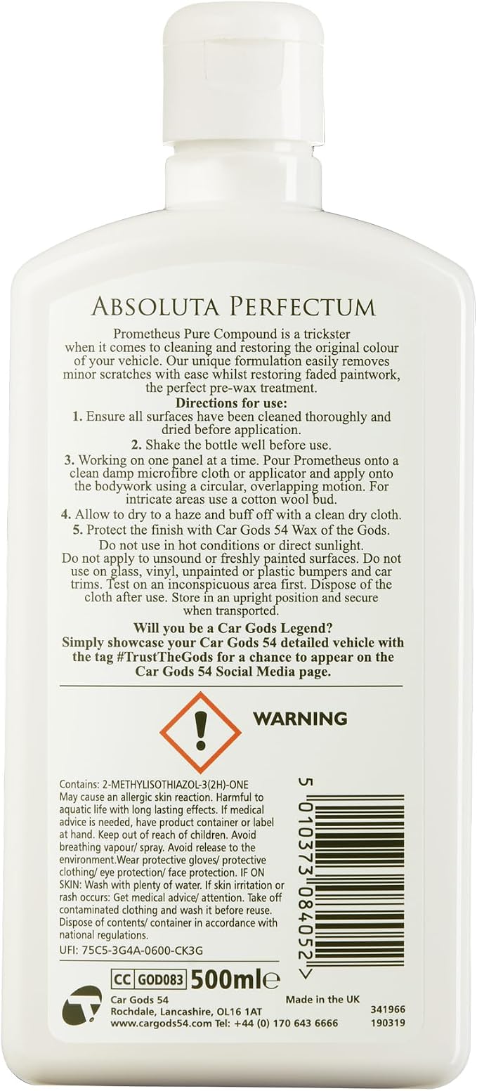 Car Gods Pure Compound Colour and Clarity Restorer, 17fl Oz, Hand or Machine Use for Paintwork - Metamorphic Formulation Smooth Uneven Scratched Areas Restore Paint Finish