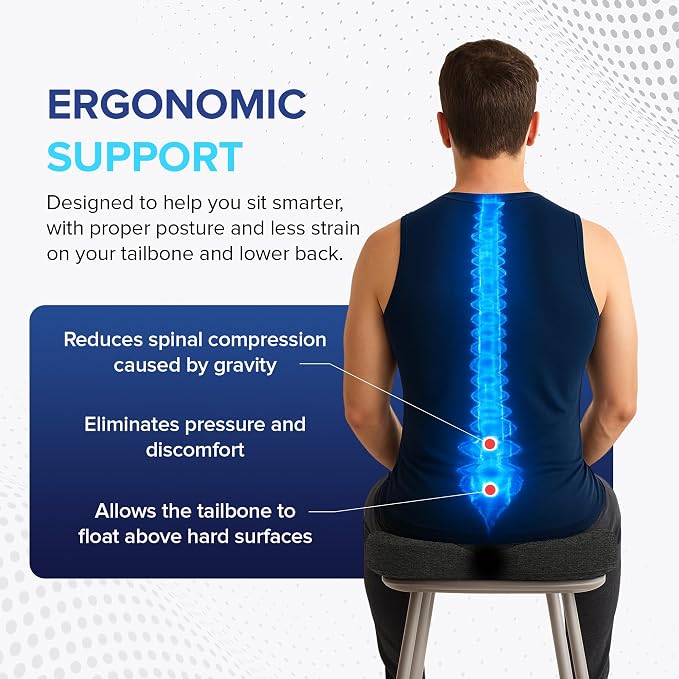 Memory Foam Seat Cushion for Chair, Tailbone Pain Relief, Ergonomic Support for Coccyx, Back & Butt, Office & Car Ergonomic Chair Cushion with Non-Slip Base and Washable Cover, Dark Gray
