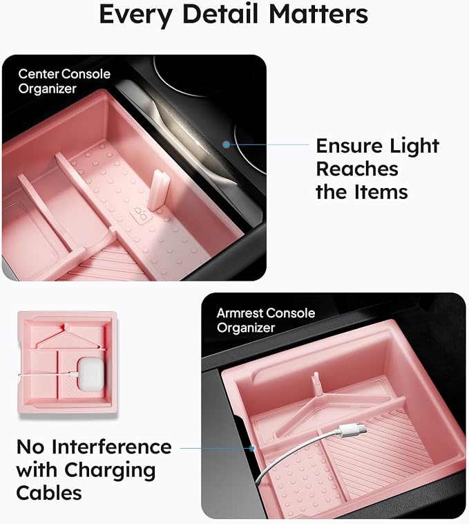Wigoo Center Console Organizer for Tesla Model Y Juniper (Only Premium & Performance 2025 2026) and All Model 3 Highland Accessories [Double-Layer Storage, Smooth Sliding] 4PCS Pink
