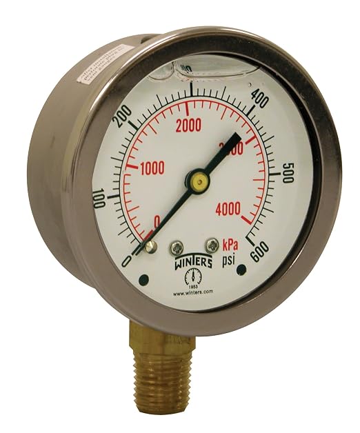Winters 2-1/2" Dial Size, Liquid Filled Industrial Pressure Gauge, Brass Internals, 304 Stainless Steel Case, Dual Scale 0-600 psi/kPa, 1.5% Acc, 1/4" NPT Bottom Mount, Glycerin Filled Pressure Gauge