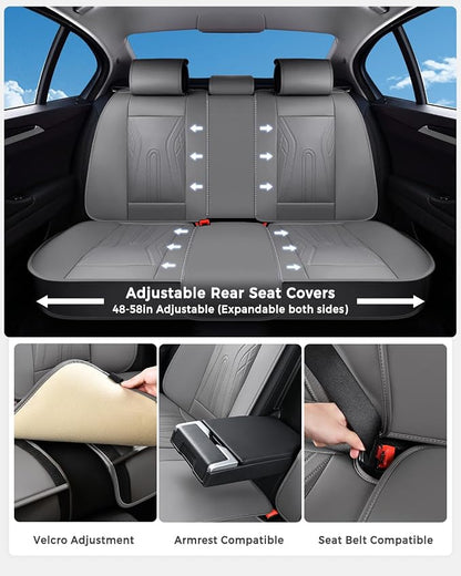Huidasource Car Seat Covers Full Set, Universal Fit for Most Cars SUV Trucks, Full Coverage Nappa Leather Seat Cover, Airbag, Cupholder Compatible, Velcro Adjustable, Seat Function Retain, Gray