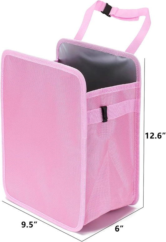Ginsco 3 Gallons Open-Top Car Trash Can, Large Capacity Hanging Car Trash Bag with Water-Proof PEVA Liner, Stand Car Trash Bag Foldable Car Storage Bag for Cars SUV Truck (Pink)