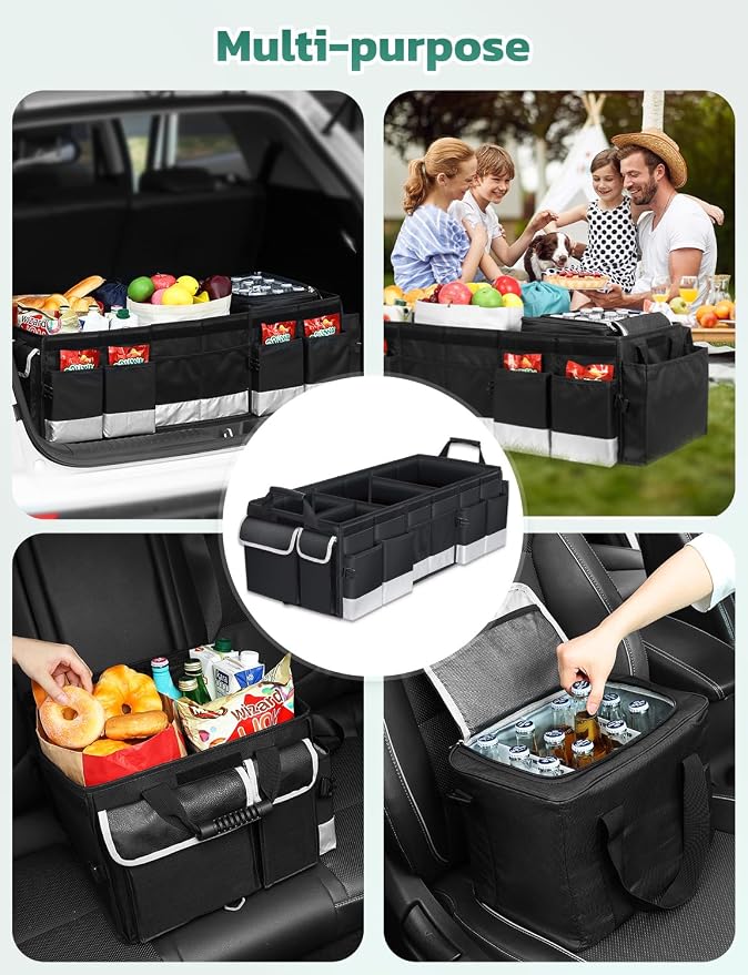 Oasser Trunk Organizer with Cooler Bag 95L, Bearing 110lb No Deformation, Collapsible with Multi Compartments, Removable Insulated Bag, Foldable Lid, Non Slip Bottom, 2 Adjustable Straps (Black&Grey)