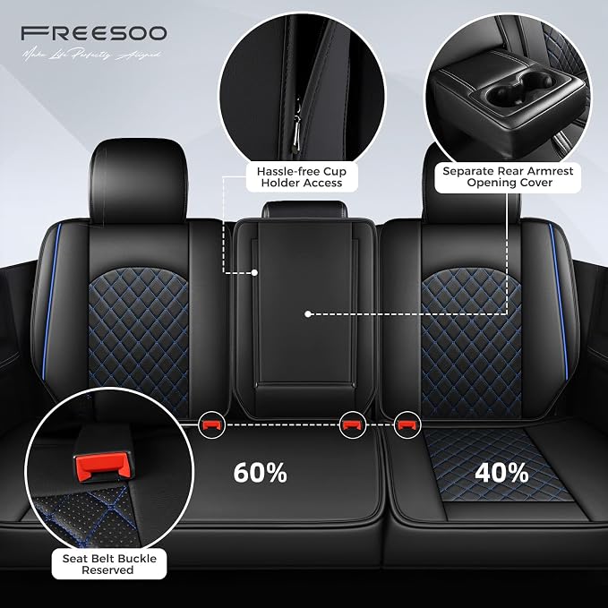 FREESOO Seat Covers for Dodge Ram 2019-2026 Ram 1500 Crew Quad Regular Cab 2011-2026 2500 3500 Mega Cab Bighorn Longhorn Laramie Tradesman, with Flat Bench, Black Blue
