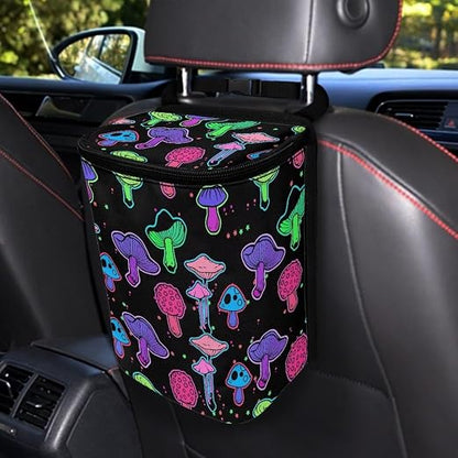 Rainbow Trippy Mushroom Print Car Trash Can with Lid and Zipper Portable Foldable Garbage Can Bag Hanging for Headrest Leakproof Organizer and Storage Bag Retro Car Interior Accessories