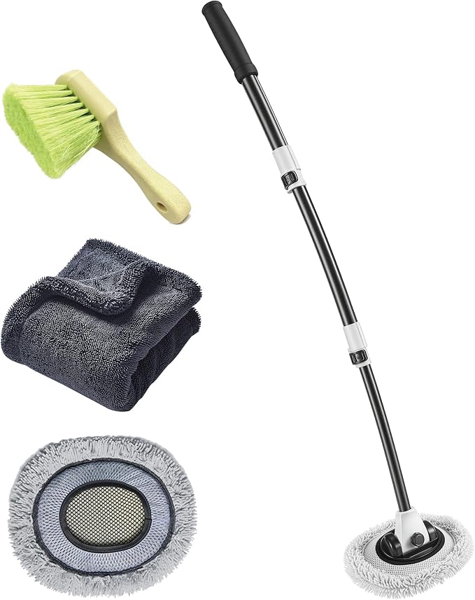 Car Wash Mop with Long Handle 15° Curved Extension Microfiber Scratch-Free Car Wash Brush with 1300GSM Thickened Drying Towel & Soft Bristle Tire Brush Complete Car Wash Kit (White & Grey)