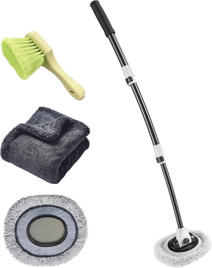 Car Wash Mop with Long Handle 15° Curved Extension Microfiber Scratch-Free Car Wash Brush with 1300GSM Thickened Drying Towel & Soft Bristle Tire Brush Complete Car Wash Kit (White & Grey)