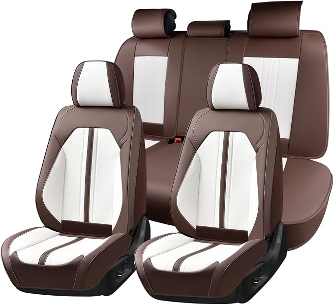 Huidasource Car Seat Covers Full Set, Luxury Faux Leather Car Seat Covers, Velcro Adjustable, with Airbags, Child Seat, Cooling＆Heating, Universal Fit for Most Cars, Vans, Trucks, SUVs, Coffee＆White