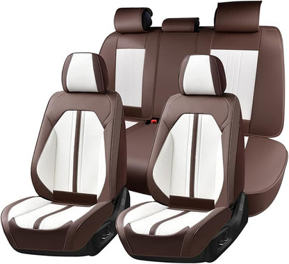 Huidasource Car Seat Covers Full Set, Luxury Faux Leather Car Seat Covers, Velcro Adjustable, with Airbags, Child Seat, Cooling＆Heating, Universal Fit for Most Cars, Vans, Trucks, SUVs, Coffee＆White