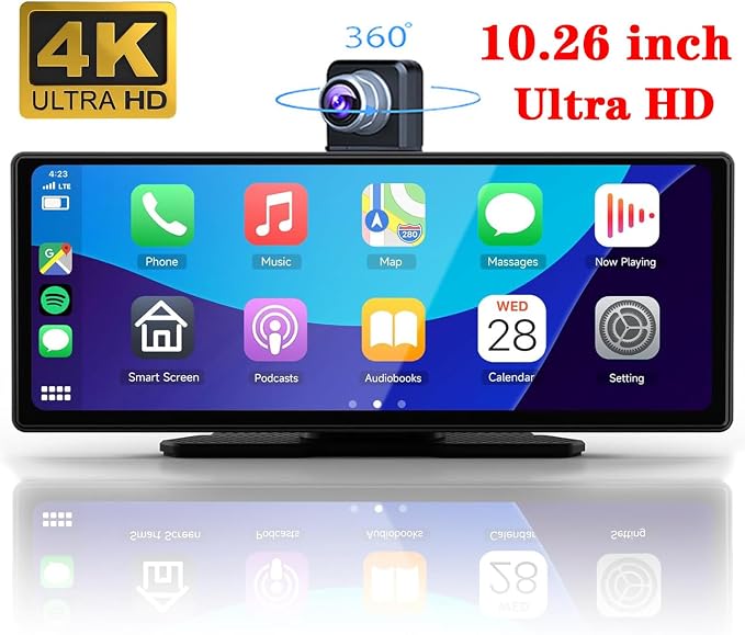 10.26" HD Carplay Screen for Car Stereo, 4K Dash Cam Wireless Portable Touch Screen Car Play with Apple Carplay & Android Auto with 1080P Back Up Camera, Bluetooth, Mirror Link, GPS, AUX+64GB
