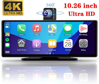 10.26" HD Carplay Screen for Car Stereo, 4K Dash Cam Wireless Portable Touch Screen Car Play with Apple Carplay & Android Auto with 1080P Back Up Camera, Bluetooth, Mirror Link, GPS, AUX+64GB