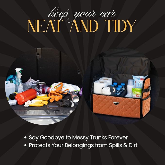 Leather Trunk Organizer with Lid for Suv and more, Foldable Car Organizer, Car Organizers and Storage with Pockets, Non-Slip Design