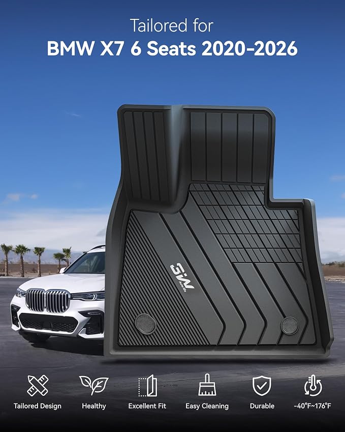 3W Floor Mats Fit for BMW X7 6 Seats 2019-2025 2026, M50i M60i xDrive40i xDrive50i, TPE All Weather Custom Fit Floor Liner, 6 Passengers 1st & 2nd Row, Full Set Car Liners Black
