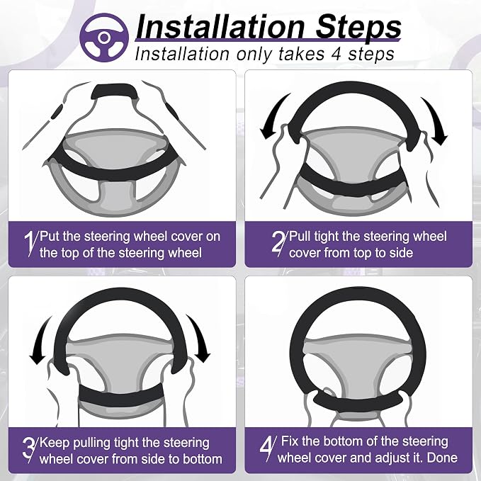 Alpmosn Elastic Stretch Steering Wheel Cover, Universal Interior Accessories Steering Wheel Cover for Women & Men, Breathable Microfiber Ice Silk, Anti-Slip, Odorless, Easy Carry(Purple)