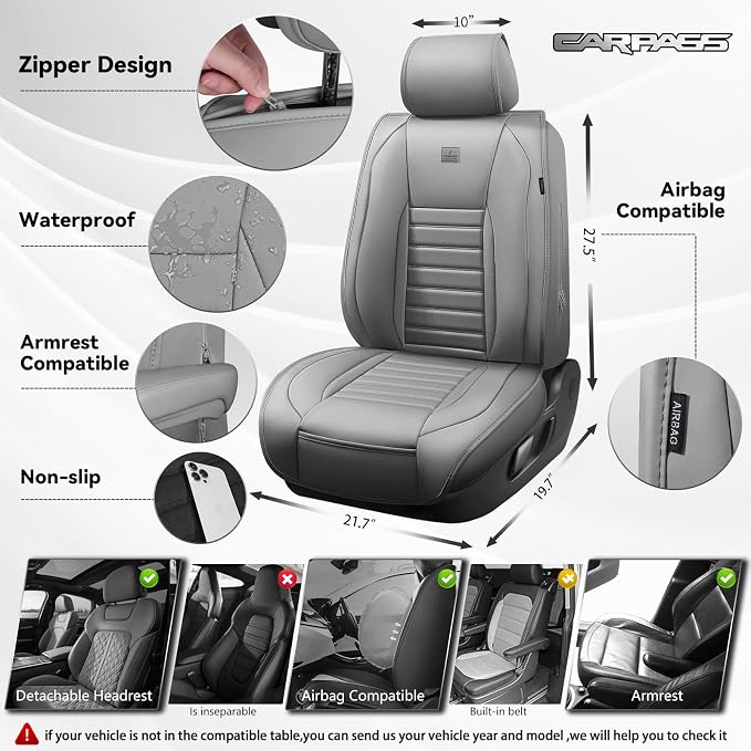 CAR PASS Nappa Leather Car Seat Covers Front Seats, Luxury Seat Protector for Cars, Waterproof Anti-Slip Seat Cushion Airbag Compatible Universal for Sedan SUV Pick-up Truck Automotive Vehicle, Gray