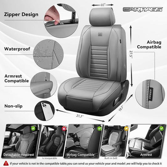 CAR PASS Nappa Leather Car Seat Covers Front Seats, Luxury Seat Protector for Cars, Waterproof Anti-Slip Seat Cushion Airbag Compatible Universal for Sedan SUV Pick-up Truck Automotive Vehicle, Gray