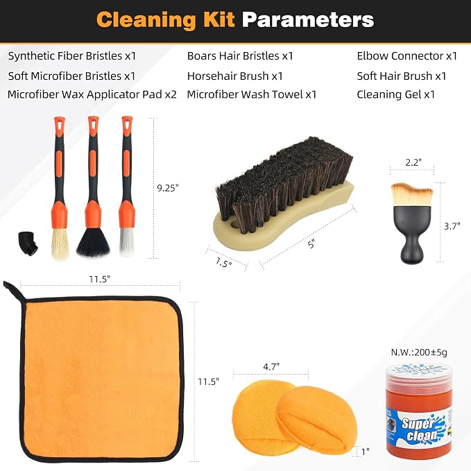 9PCS Car Detailing Brush, Horse Hair and Boar Bristle Brush Set with Elbow Adapter, Microfiber Wax Applicator Pads, Drying Towel and Cleaning Gel,Cleaning Kit for Interior Exterior