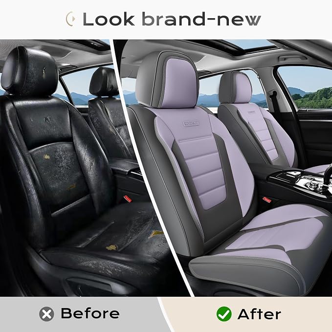 Coverado Car Seat Covers Front, Seat Covers for Cars, Waterproof 2-Pack Car Seat Cushions, Leather Carseat Seat Protectors, Universal Seat Covers Fit for Most Sedans SUV Pick-up Trucks(Gray&Purple)