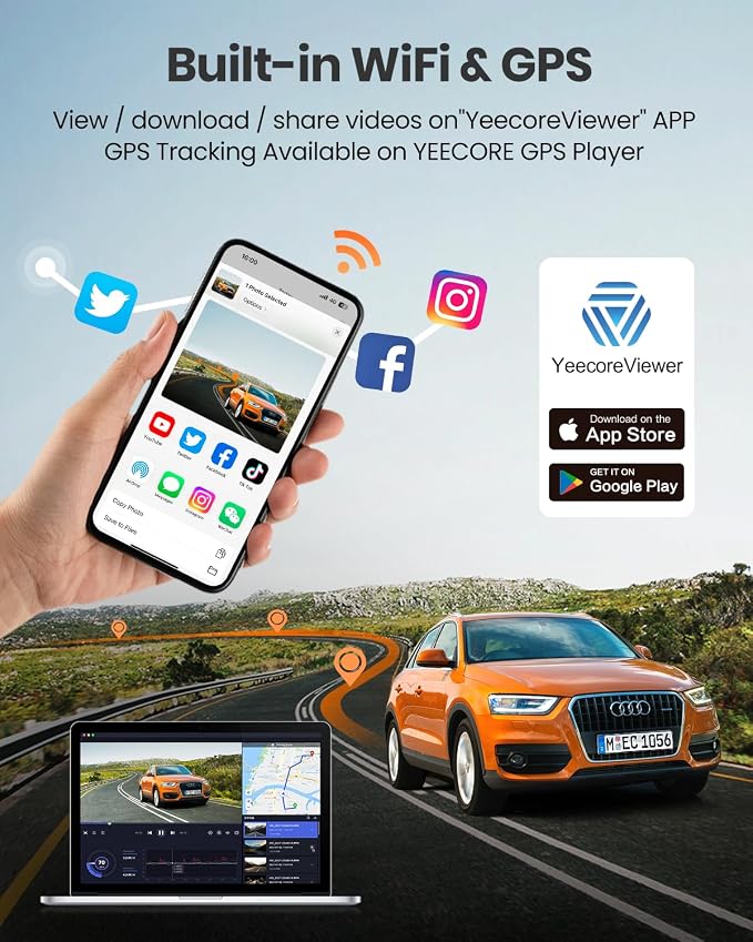 4K Dash Cam Front and Rear, Built-in WiFi GPS, 3" IPS Screen, HDR Night Vision Dash Camera for Cars, G-Sensor App Control, Emergency Lock, Accident Record, Parking Mode, Support 512GB Max