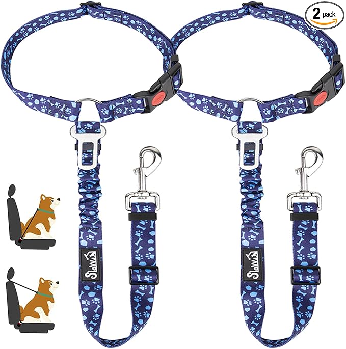 Lukovee Dog Car Seat Belt, 2 Pack Headrest Restraint Seatbelt, Adjustable Pet Safety Leads with Reflective Elastic Bungee for Dog Harness Collar Travel Daily Use (Blue Paw,Headrest+Clip)