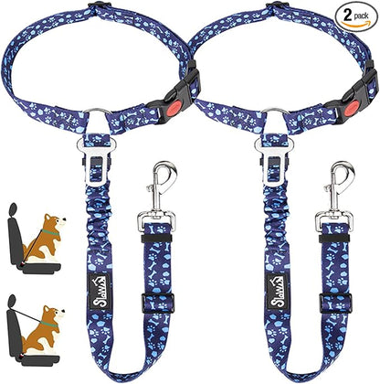 Lukovee Dog Car Seat Belt, 2 Pack Headrest Restraint Seatbelt, Adjustable Pet Safety Leads with Reflective Elastic Bungee for Dog Harness Collar Travel Daily Use (Blue Paw,Headrest+Clip)