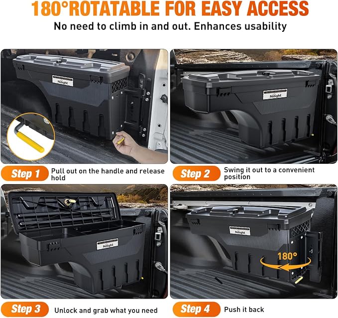 Nilight Truck Bed Tool Box Right Passenger Side Truck Tool Box Fit for Toyota Tundra 2007-2021 ABS Swing Case Truck Bed Storage Box with Lockable Lid Waterproof Wheel Well Toolbox Black